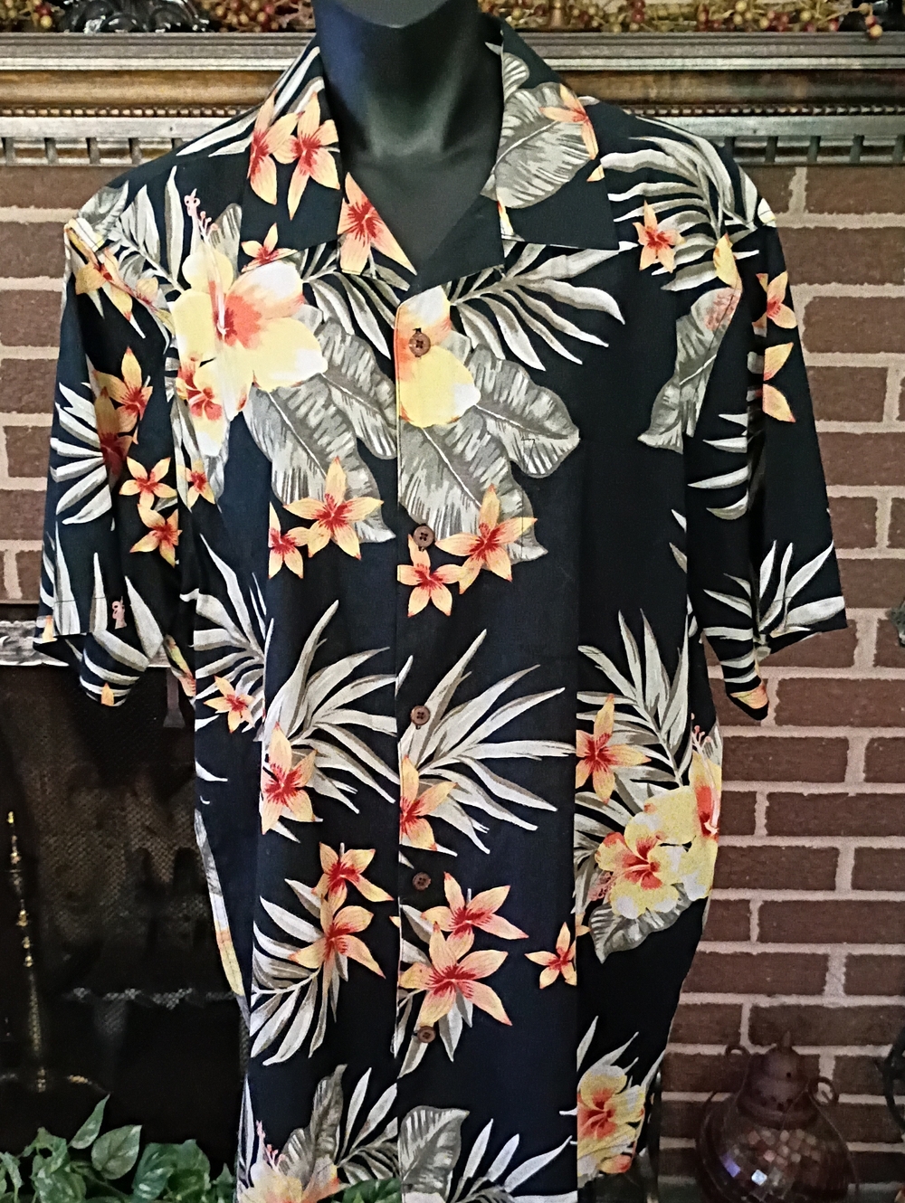 28 Palms Black Floral Hawaiian Shirt with Yellow & Orange Blooms